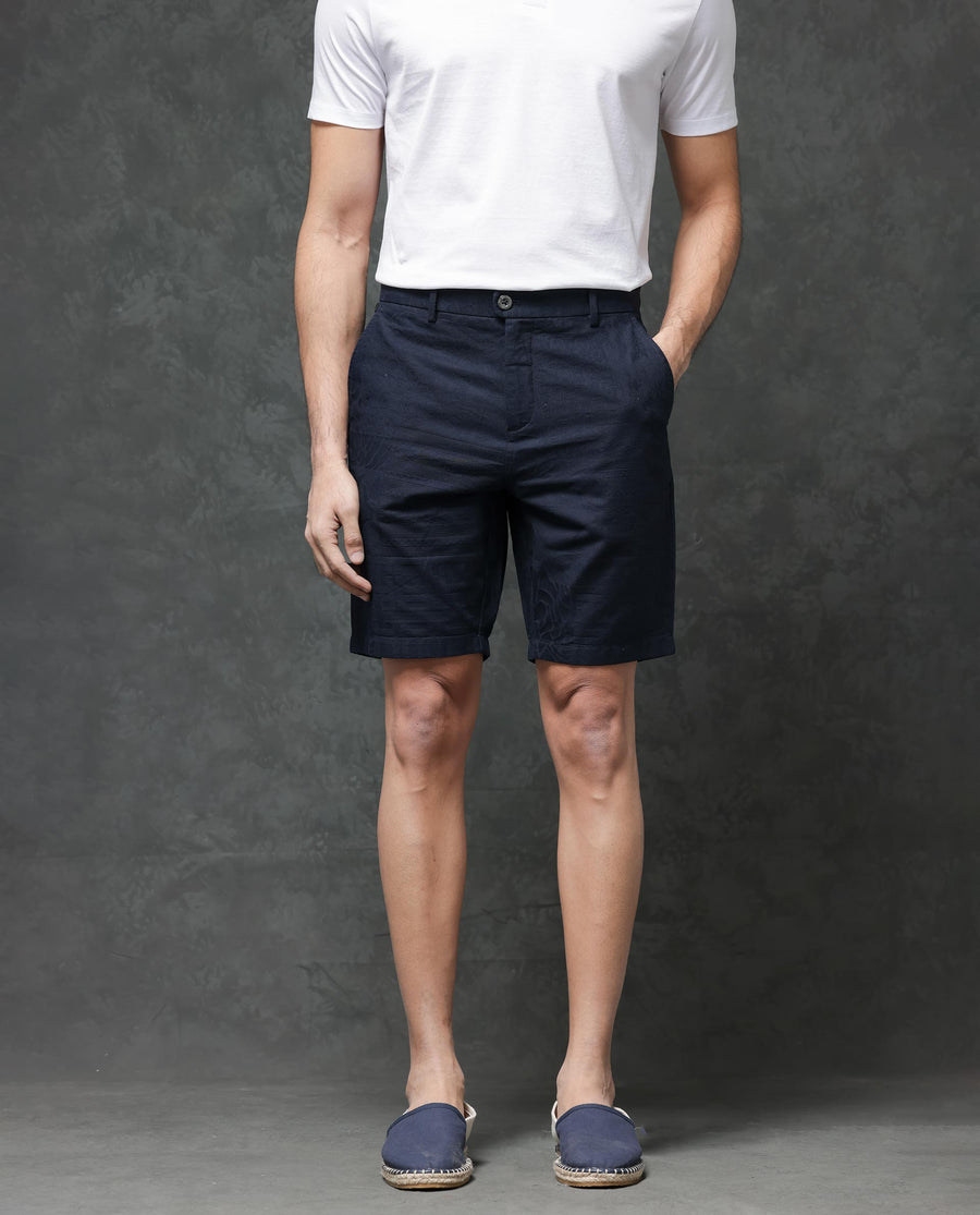 Rare Rabbit Men's Jecky Navy Cotton Jacquard Relaxed Fit Shorts
