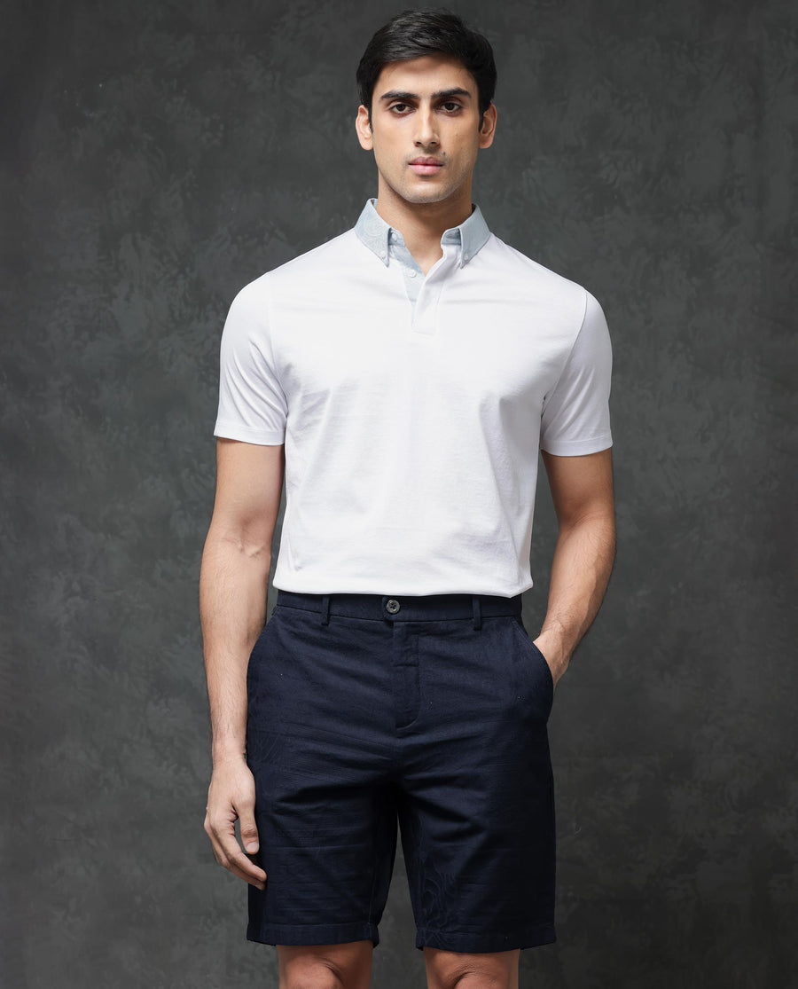 Rare Rabbit Men's Jecky Navy Cotton Jacquard Relaxed Fit Shorts