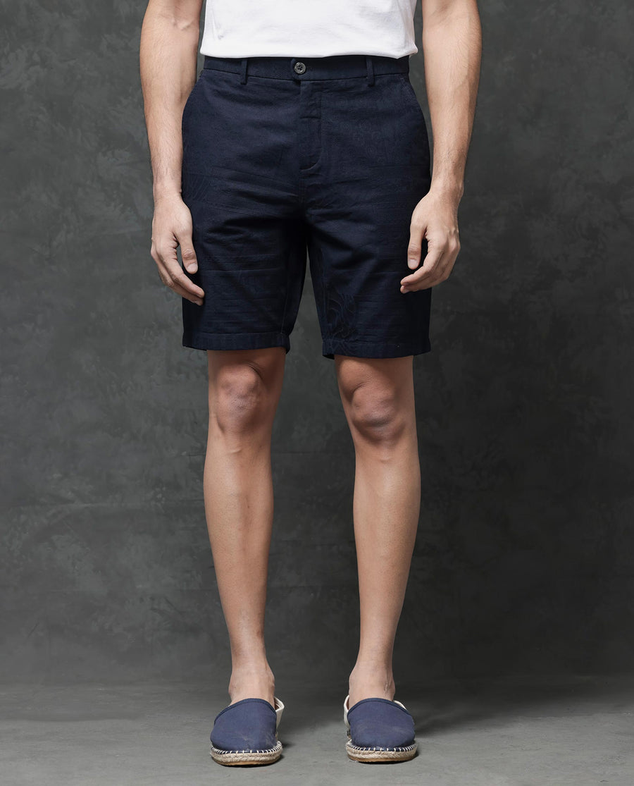 Rare Rabbit Men's Jecky Navy Cotton Jacquard Relaxed Fit Shorts