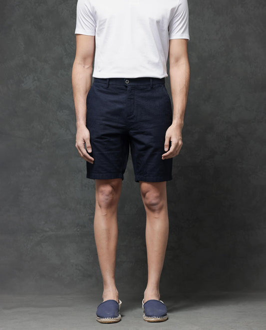 Rare Rabbit Men's Jecky Navy Cotton Jacquard Relaxed Fit Shorts
