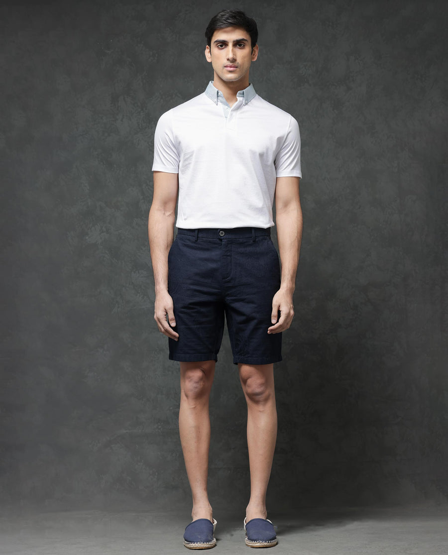 Rare Rabbit Men's Jecky Navy Cotton Jacquard Relaxed Fit Shorts