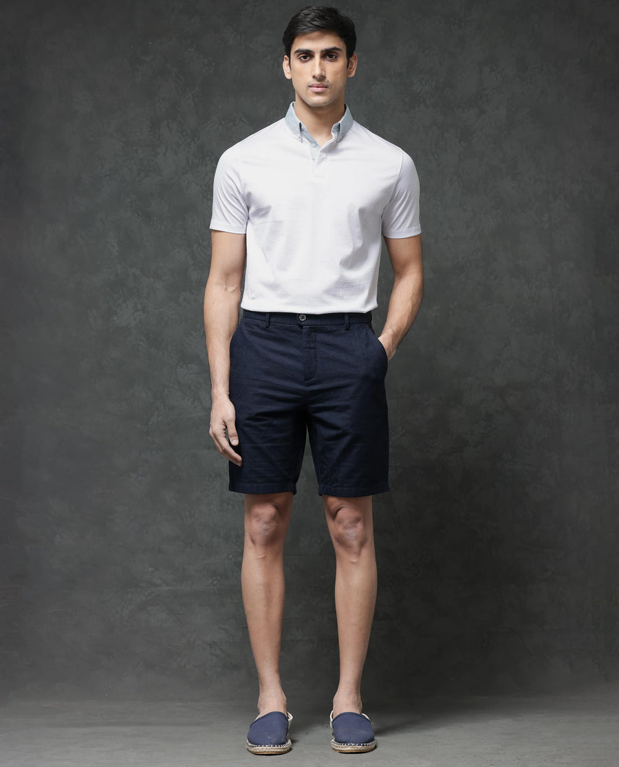 Rare Rabbit Men's Jecky Navy Cotton Jacquard Relaxed Fit Shorts