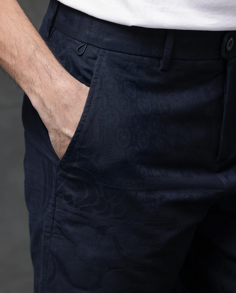 Rare Rabbit Men's Jecky Navy Cotton Jacquard Relaxed Fit Shorts