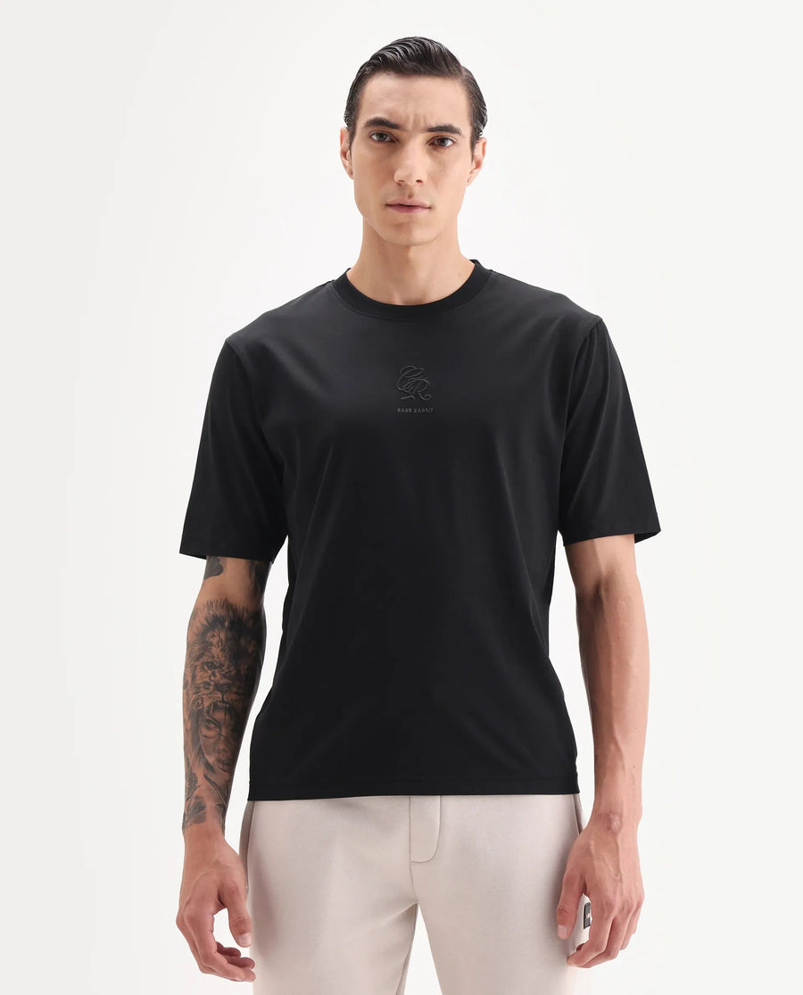 Rare Rabbit Men's Ject Black Cotton Fabric Half Sleeve Crew Neck Regular Fit Graphic Print T-Shirt