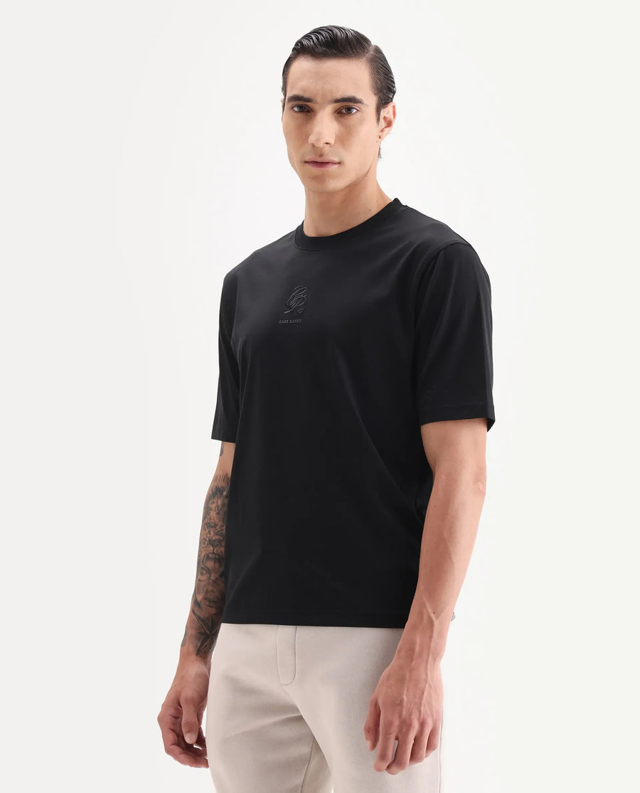 Rare Rabbit Men's Ject Black Cotton Fabric Half Sleeve Crew Neck Regular Fit Graphic Print T-Shirt