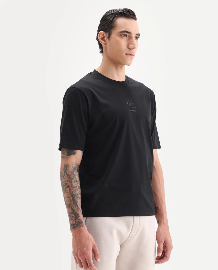 Rare Rabbit Men's Ject Black Cotton Fabric Half Sleeve Crew Neck Regular Fit Graphic Print T-Shirt