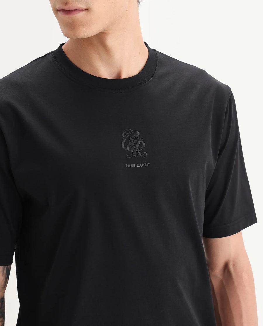 Rare Rabbit Men's Ject Black Cotton Fabric Half Sleeve Crew Neck Regular Fit Graphic Print T-Shirt