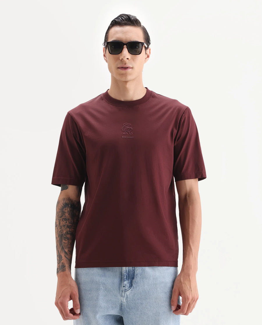 Rare Rabbit Men's Ject Maroon Cotton Fabric Half Sleeve Crew Neck Regular Fit Graphic Print T-Shirt
