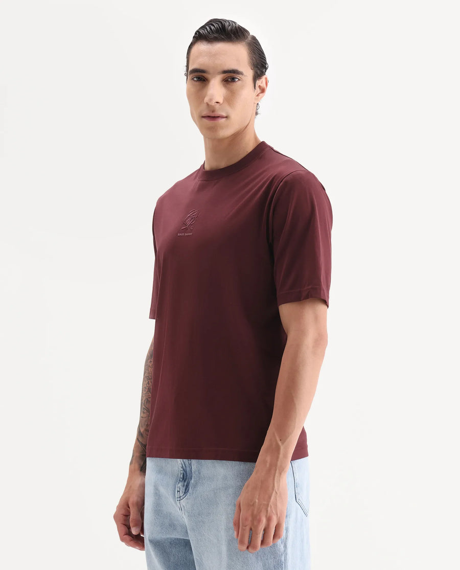 Rare Rabbit Men's Ject Maroon Cotton Fabric Half Sleeve Crew Neck Regular Fit Graphic Print T-Shirt