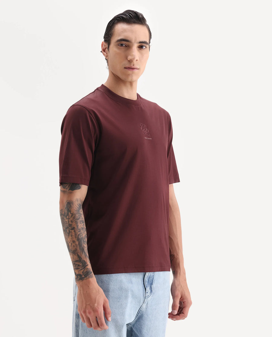 Rare Rabbit Men's Ject Maroon Cotton Fabric Half Sleeve Crew Neck Regular Fit Graphic Print T-Shirt