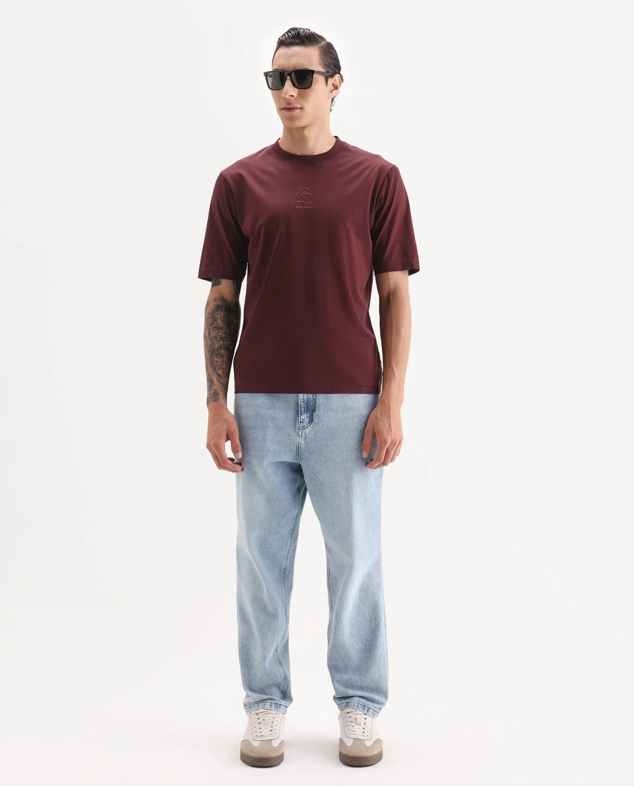 Rare Rabbit Men's Ject Maroon Cotton Fabric Half Sleeve Crew Neck Regular Fit Graphic Print T-Shirt