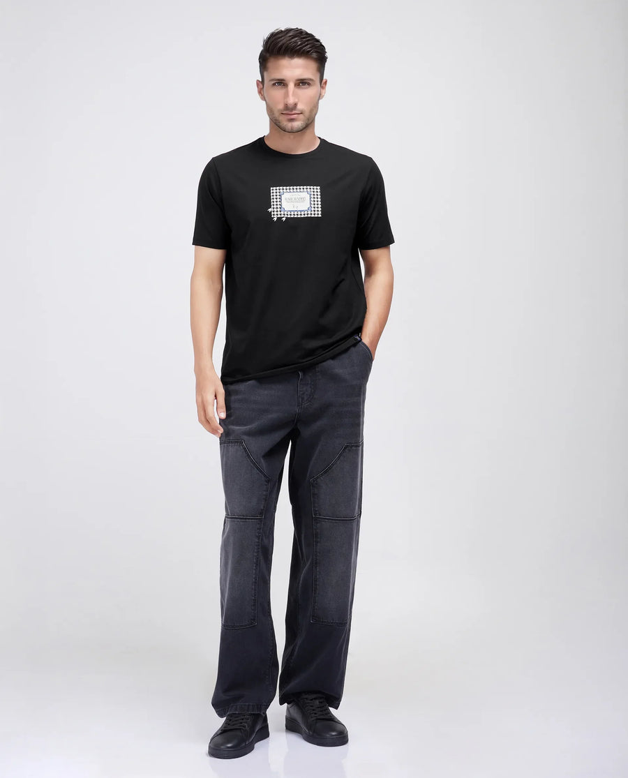 Rare Rabbit Men's Jed Black Cotton Blend Graphic Print Regular Fit Half Sleeve Crew Neck T-Shirt