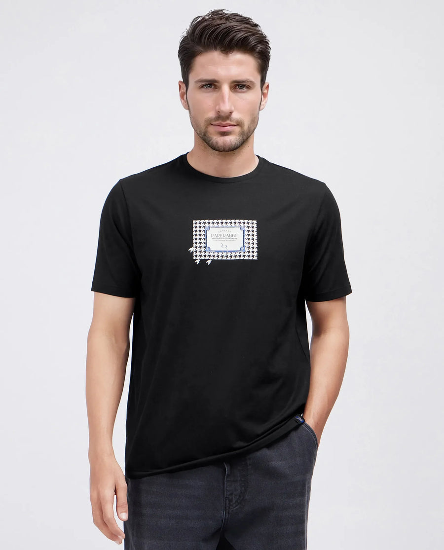 Rare Rabbit Men's Jed Black Cotton Blend Graphic Print Regular Fit Half Sleeve Crew Neck T-Shirt
