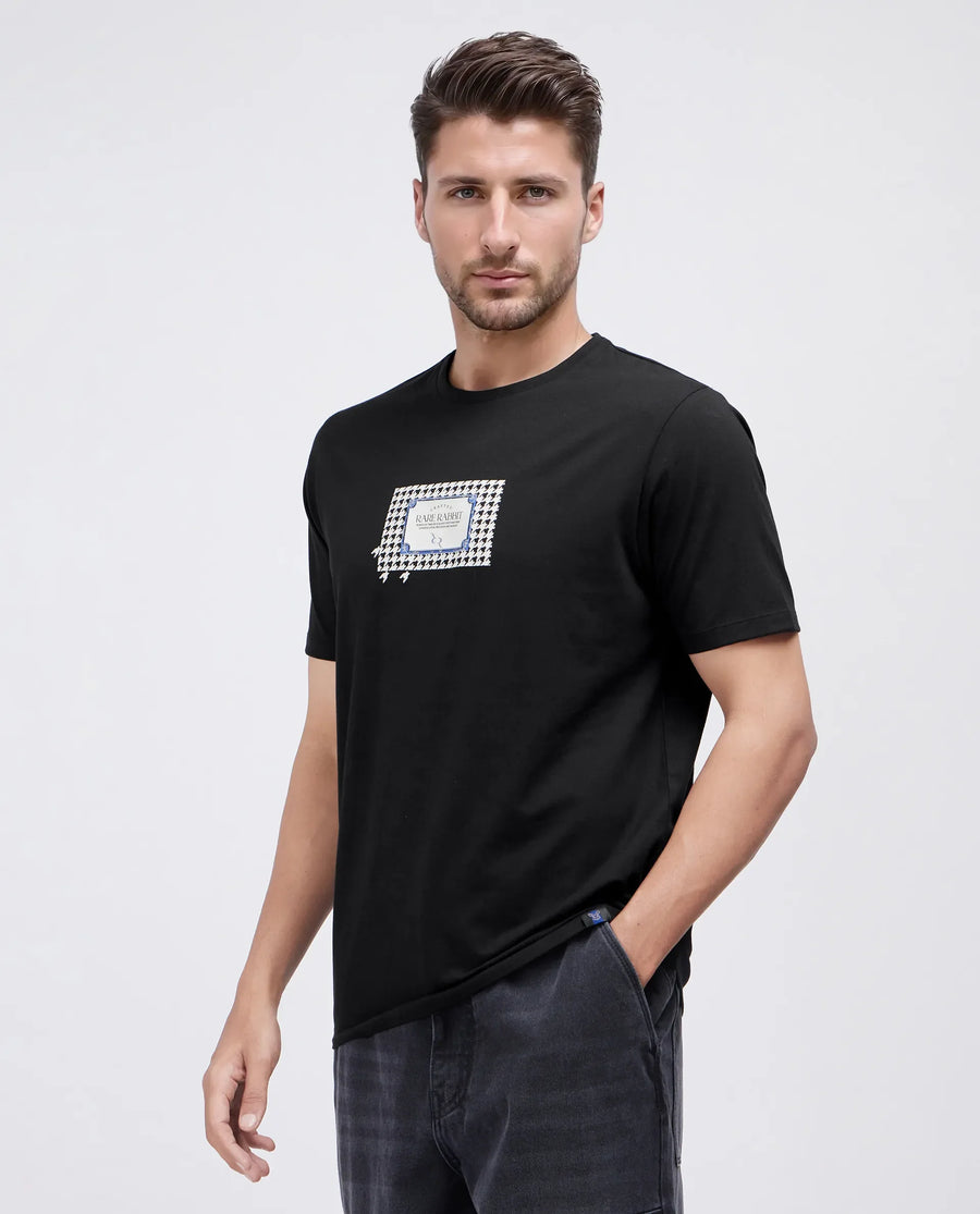 Rare Rabbit Men's Jed Black Cotton Blend Graphic Print Regular Fit Half Sleeve Crew Neck T-Shirt