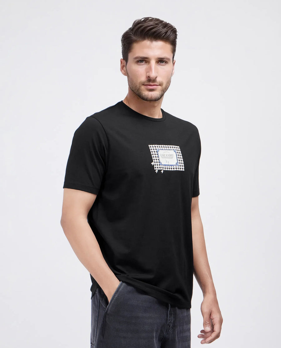 Rare Rabbit Men's Jed Black Cotton Blend Graphic Print Regular Fit Half Sleeve Crew Neck T-Shirt