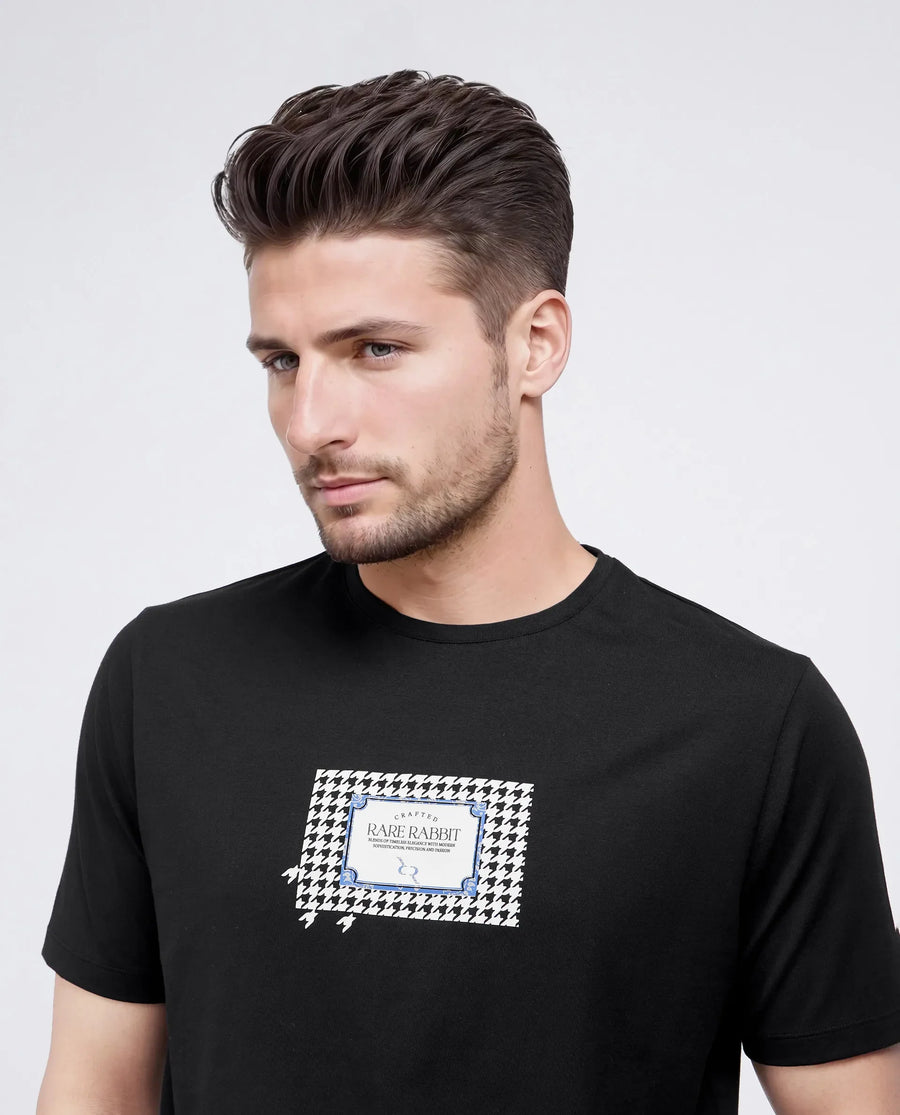 Rare Rabbit Men's Jed Black Cotton Blend Graphic Print Regular Fit Half Sleeve Crew Neck T-Shirt