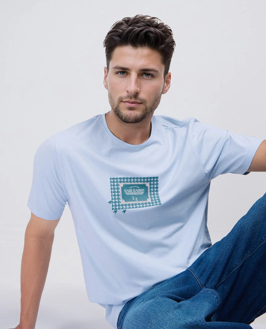 Rare Rabbit Men's Jed Dusky Blue Cotton Blend Graphic Print Regular Fit Half Sleeve Crew Neck T-Shirt