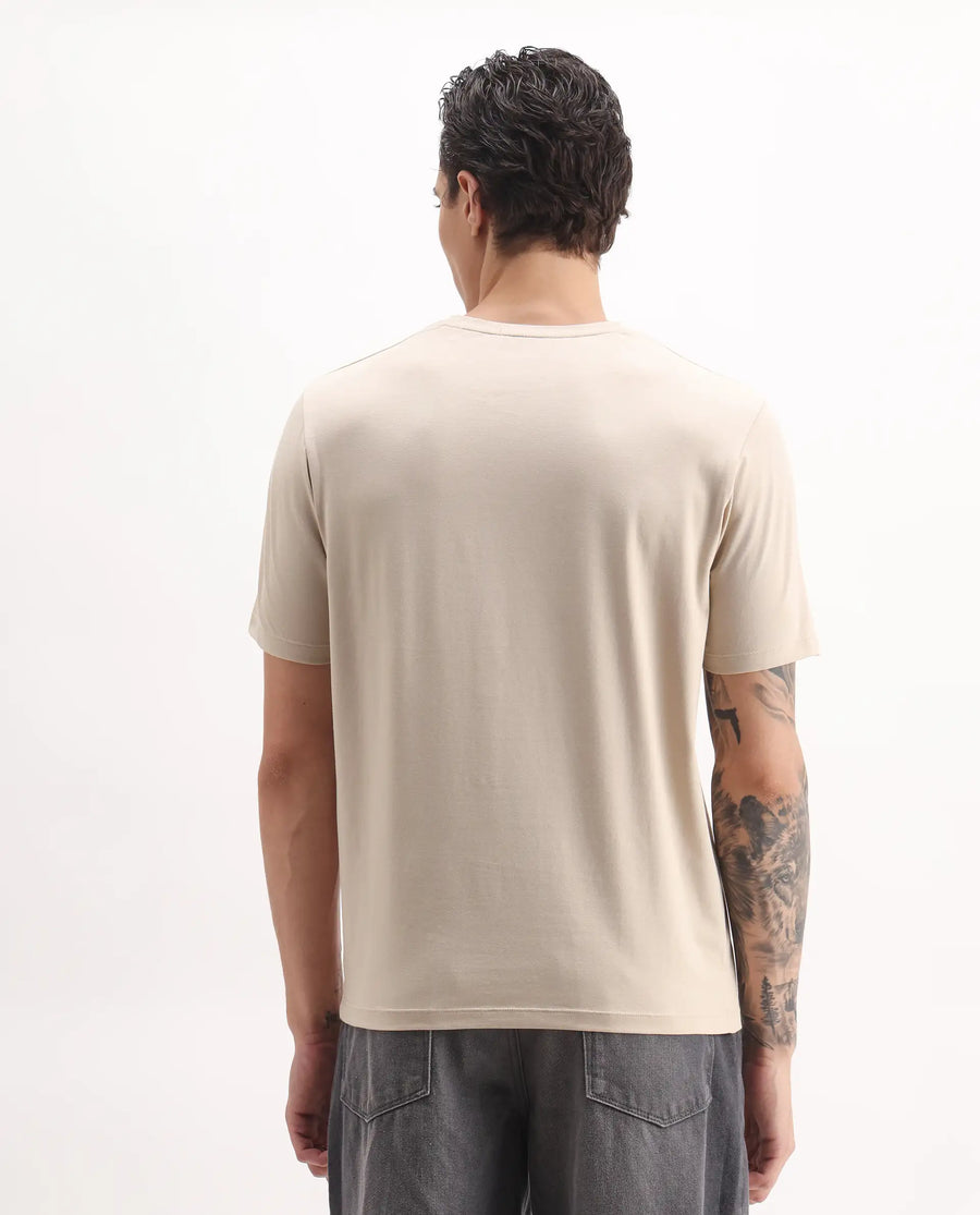 Rare Rabbit Men's Jedy Beige Cotton Blend Graphic Print Regular Fit Half Sleeve Crew Neck T-Shirt