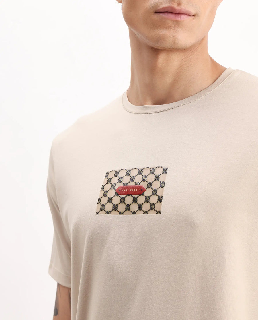 Rare Rabbit Men's Jedy Beige Cotton Blend Graphic Print Regular Fit Half Sleeve Crew Neck T-Shirt