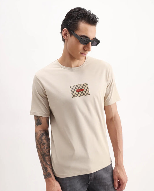 Rare Rabbit Men's Jedy Beige Cotton Blend Graphic Print Regular Fit Half Sleeve Crew Neck T-Shirt