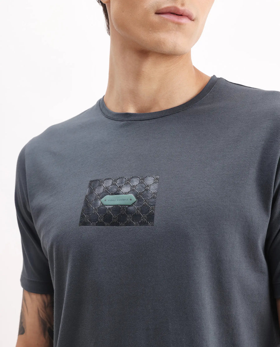 Rare Rabbit Men's Jedy Dusky Blue Cotton Blend Graphic Print Regular Fit Half Sleeve Crew Neck T-Shirt
