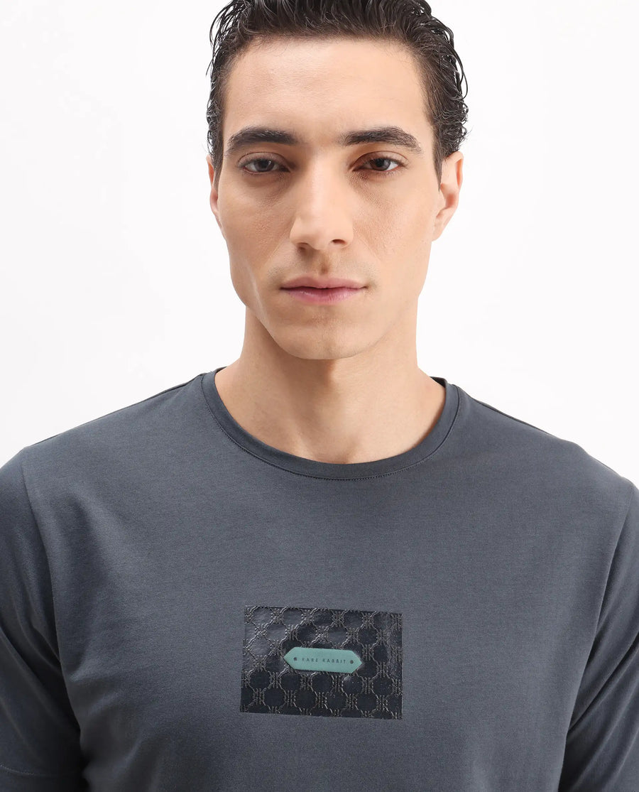 Rare Rabbit Men's Jedy Dusky Blue Cotton Blend Graphic Print Regular Fit Half Sleeve Crew Neck T-Shirt