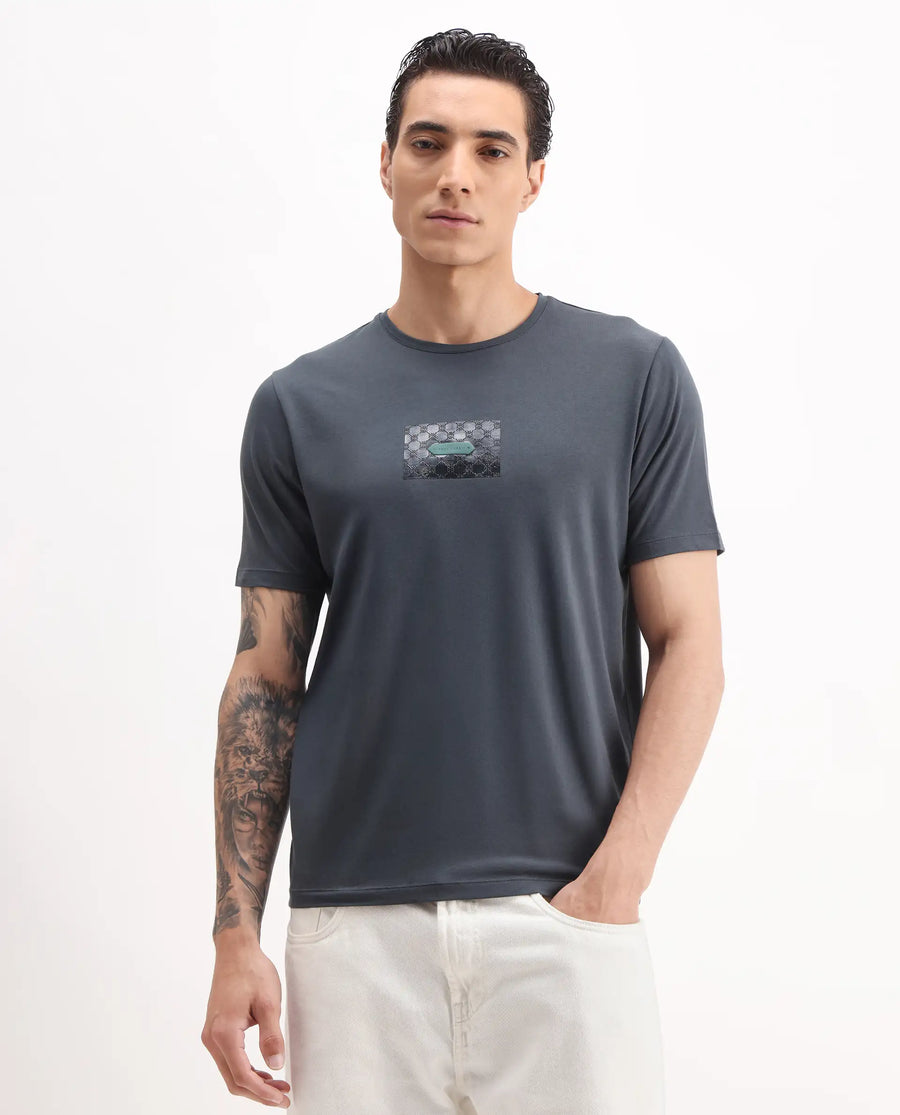 Rare Rabbit Men's Jedy Dusky Blue Cotton Blend Graphic Print Regular Fit Half Sleeve Crew Neck T-Shirt
