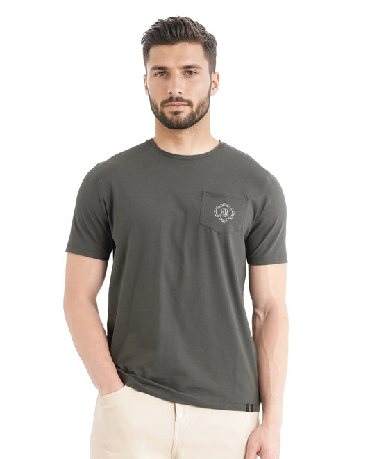 Rare Rabbit Men's Jeko Dark Green Cotton Blend Embroidered Regular Fit Half Sleeve Crew Neck T-Shirt