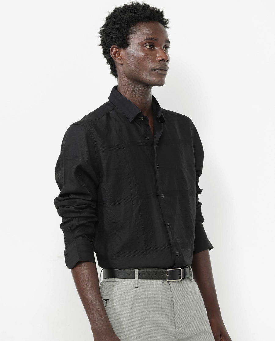 Rare Rabbit Men's Jerdo Black Viscose Checked Print Regular Fit Full Sleeve Collared Shirt
