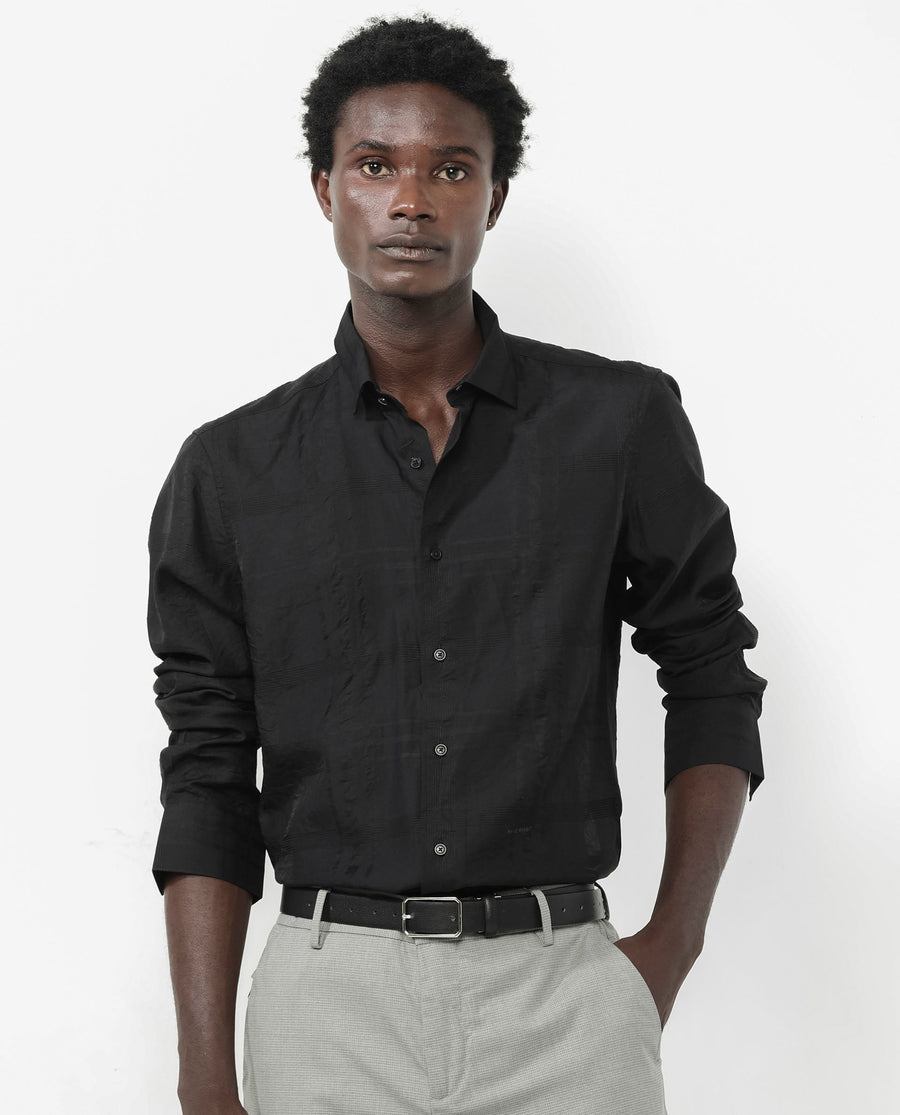 Rare Rabbit Men's Jerdo Black Viscose Checked Print Regular Fit Full Sleeve Collared Shirt