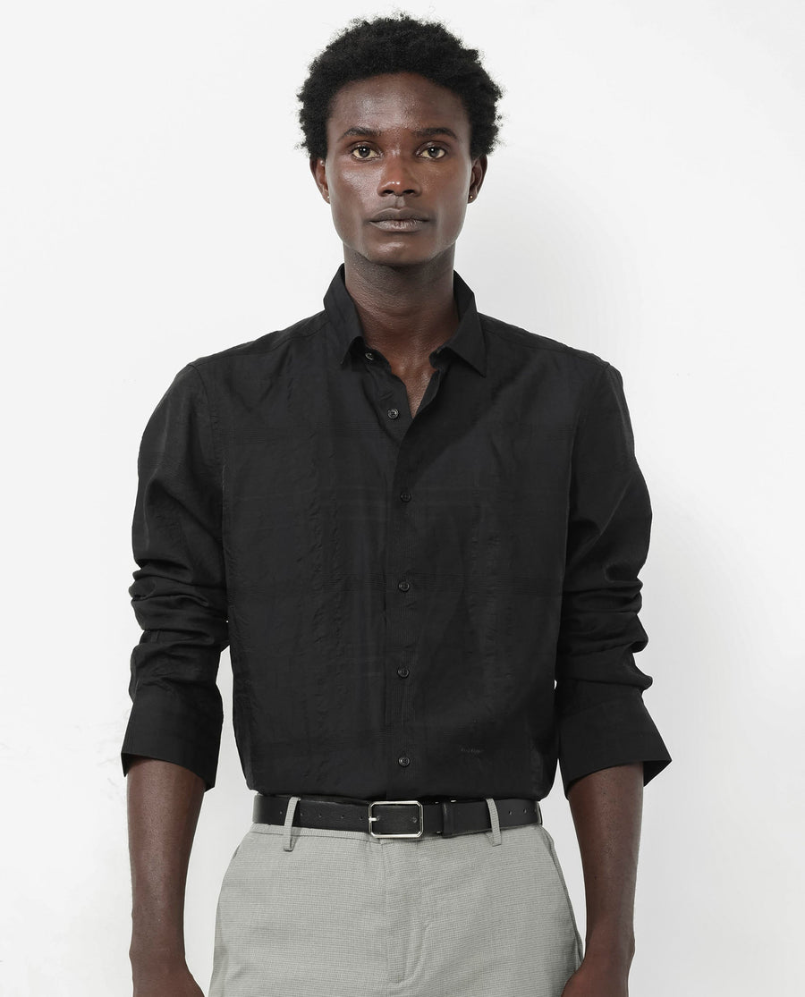 Rare Rabbit Men's Jerdo Black Viscose Checked Print Regular Fit Full Sleeve Collared Shirt