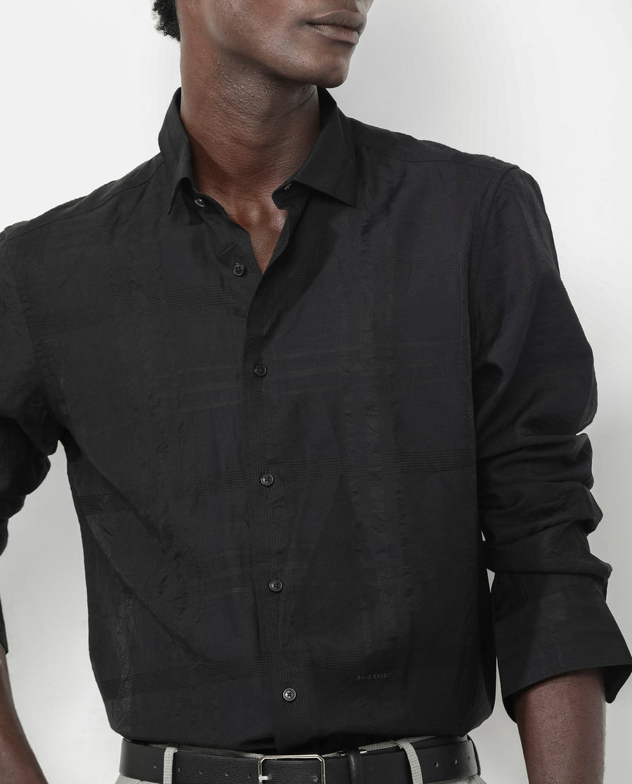 Rare Rabbit Men's Jerdo Black Viscose Checked Print Regular Fit Full Sleeve Collared Shirt
