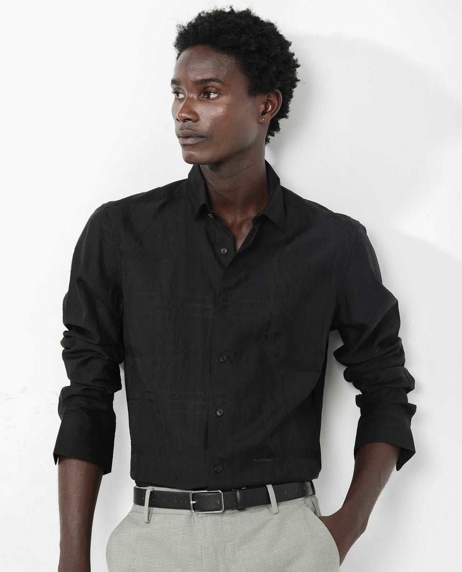 Rare Rabbit Men's Jerdo Black Viscose Checked Print Regular Fit Full Sleeve Collared Shirt