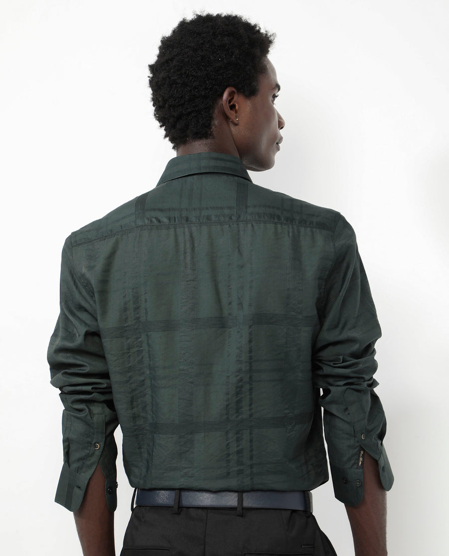 Rare Rabbit Men's Jerdo Green Viscose Checked Print Regular Fit Full Sleeve Spread Collar Shirt