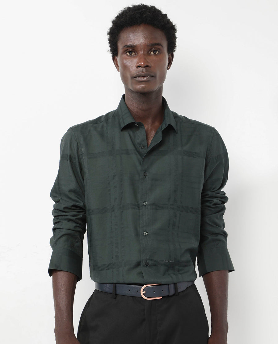 Rare Rabbit Men's Jerdo Green Viscose Checked Print Regular Fit Full Sleeve Spread Collar Shirt