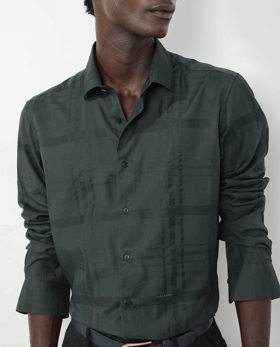 Rare Rabbit Men's Jerdo Green Viscose Checked Print Regular Fit Full Sleeve Spread Collar Shirt