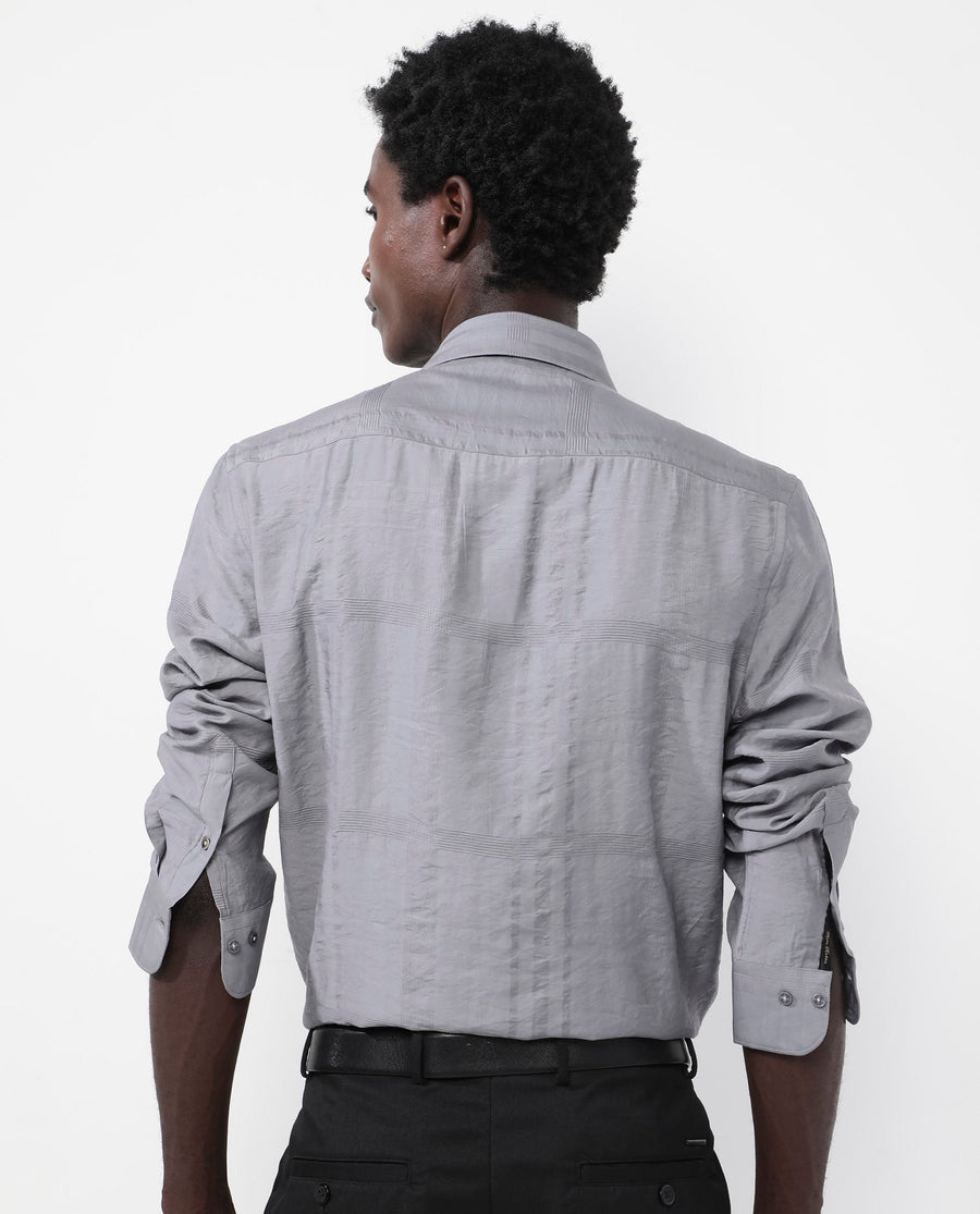 Rare Rabbit Men's Jerdo Grey Viscose Checked Print Regular Fit Full Sleeve Collared Shirt