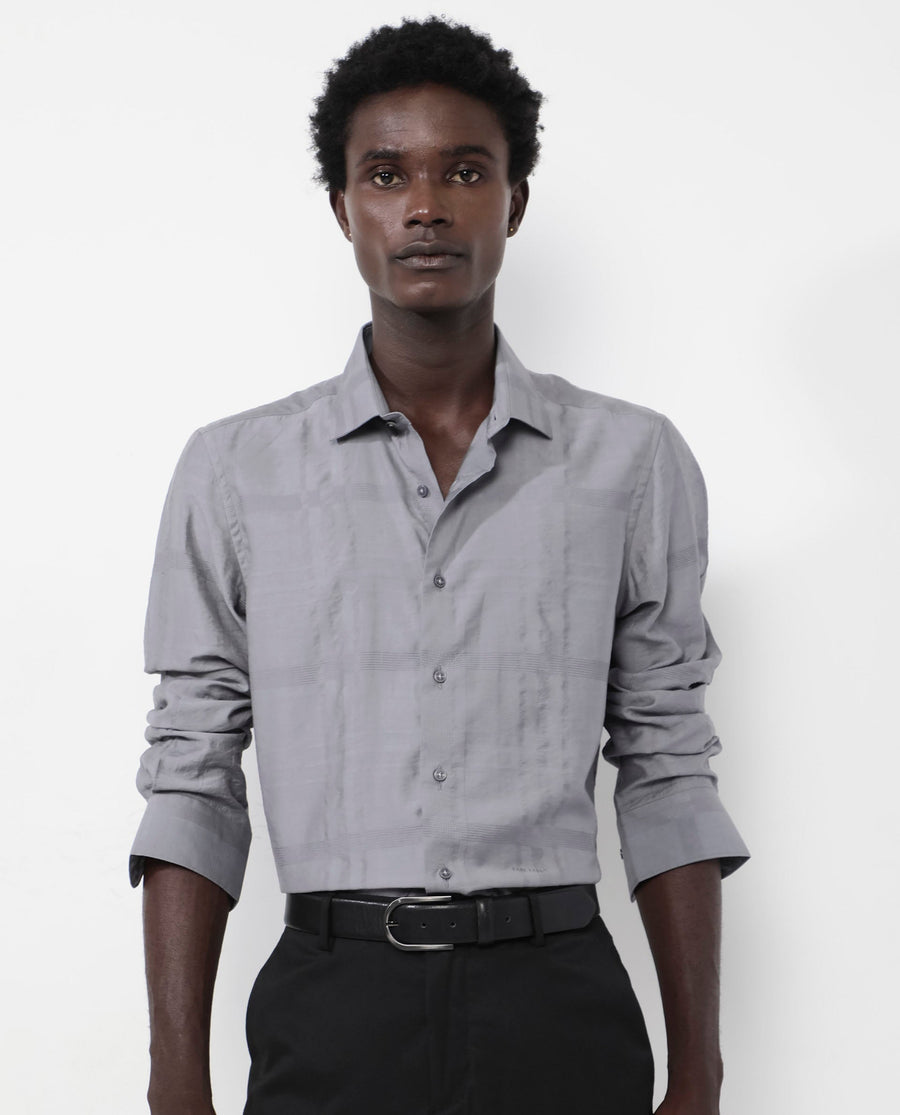 Rare Rabbit Men's Jerdo Grey Viscose Checked Print Regular Fit Full Sleeve Collared Shirt