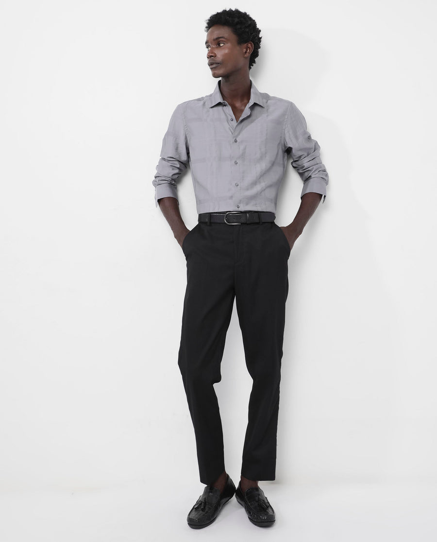 Rare Rabbit Men's Jerdo Grey Viscose Checked Print Regular Fit Full Sleeve Collared Shirt