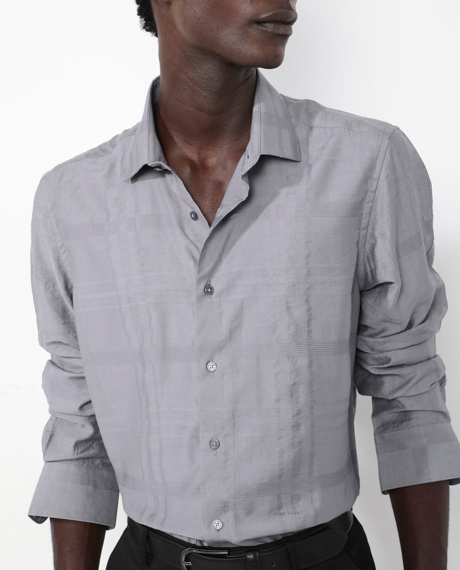 Rare Rabbit Men's Jerdo Grey Viscose Checked Print Regular Fit Full Sleeve Collared Shirt