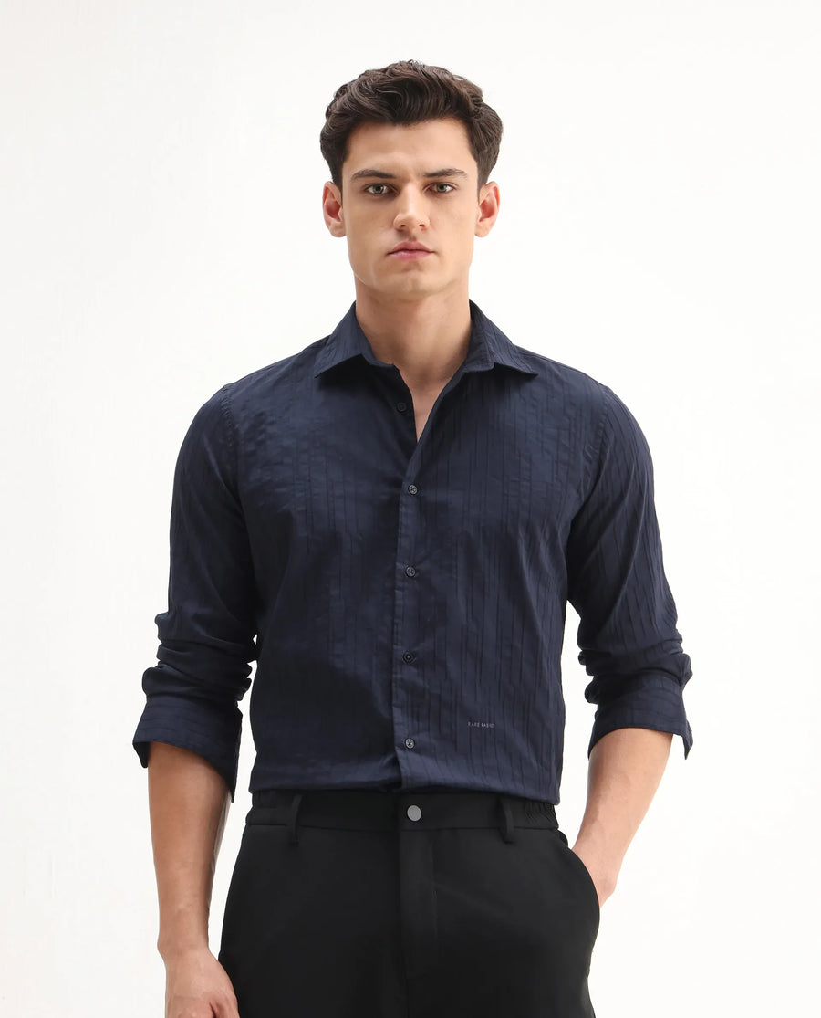Rare Rabbit Men's Jerna-B Navy Cotton Blend Striped Print Regular Fit Half Sleeve Collared Shirt