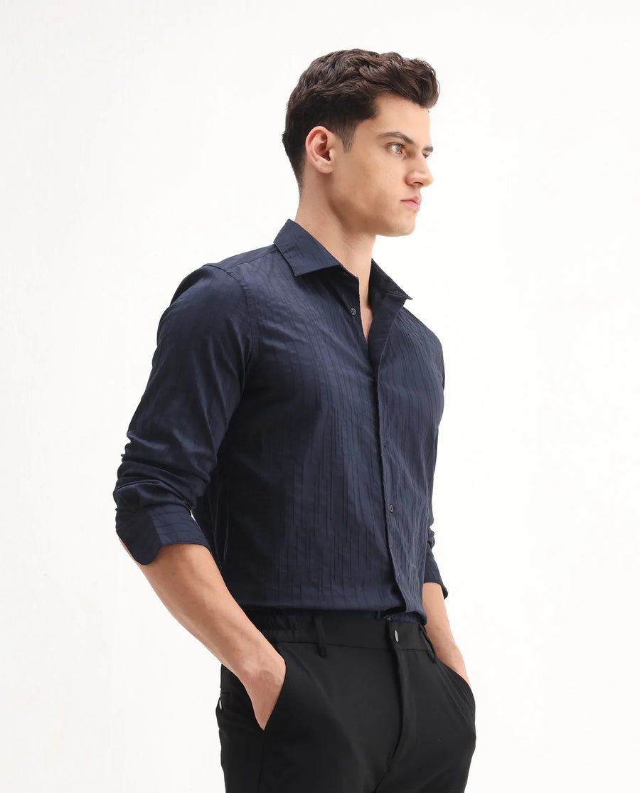 Rare Rabbit Men's Jerna-B Navy Cotton Blend Striped Print Regular Fit Half Sleeve Collared Shirt