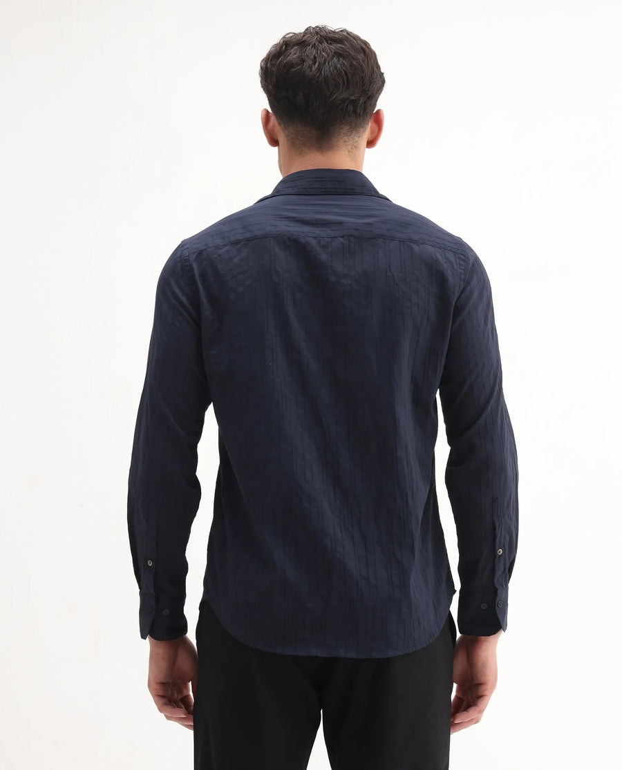 Rare Rabbit Men's Jerna-B Navy Cotton Blend Striped Print Regular Fit Half Sleeve Collared Shirt