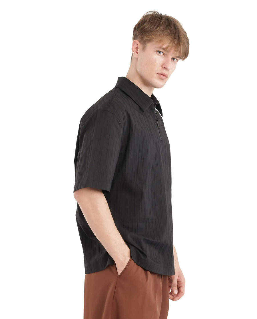 Rare Rabbit Men's Jern Black Cotton Striped Print Relaxed Fit Half Sleeve Collared Shirt