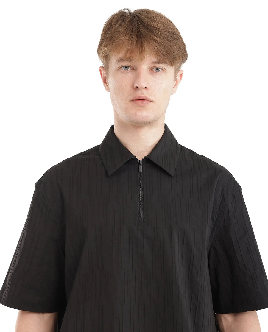 Rare Rabbit Men's Jern Black Cotton Striped Print Relaxed Fit Half Sleeve Collared Shirt