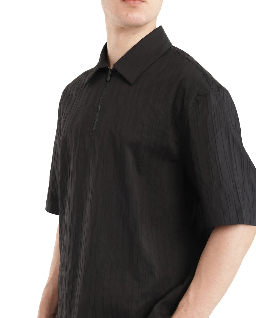 Rare Rabbit Men's Jern Black Cotton Striped Print Relaxed Fit Half Sleeve Collared Shirt