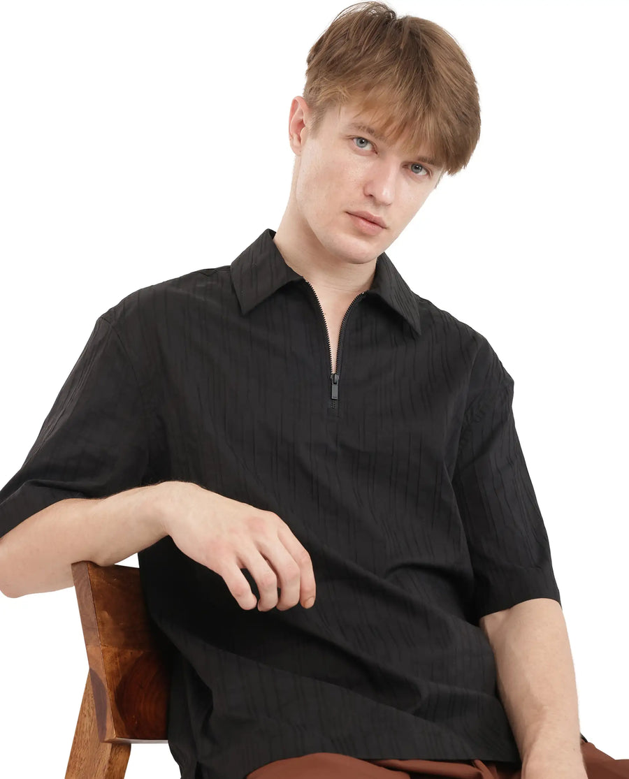 Rare Rabbit Men's Jern Black Cotton Striped Print Relaxed Fit Half Sleeve Collared Shirt