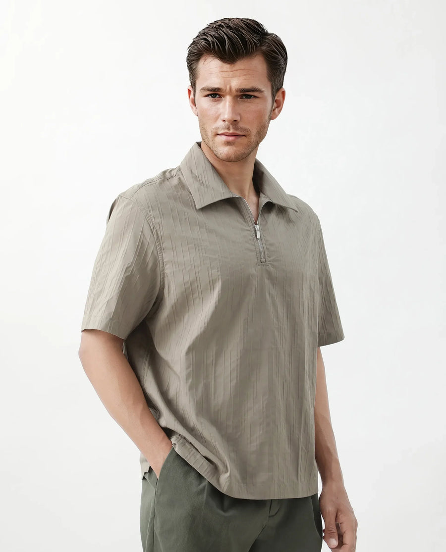 Rare Rabbit Men's Jern Dusky Grey Cotton Striped Print Relaxed Fit Half Sleeve Collared Shirt