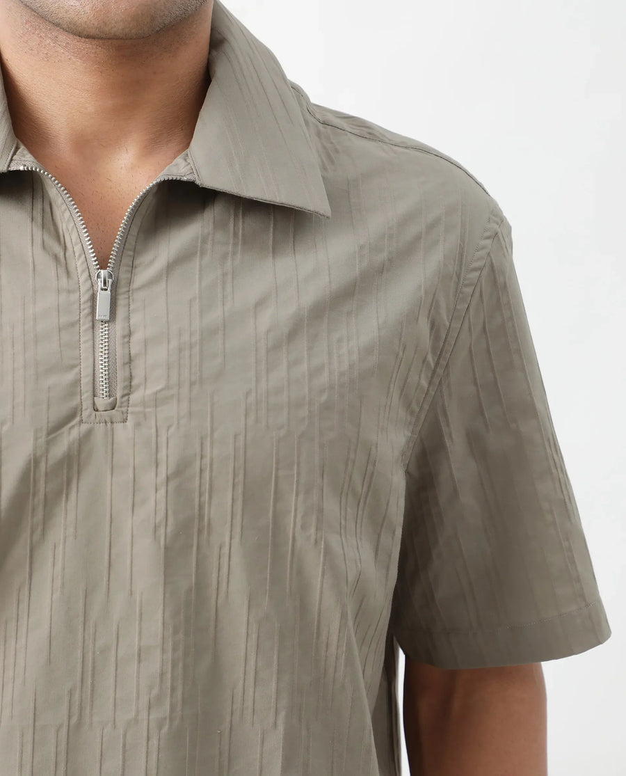 Rare Rabbit Men's Jern Dusky Grey Cotton Striped Print Relaxed Fit Half Sleeve Collared Shirt