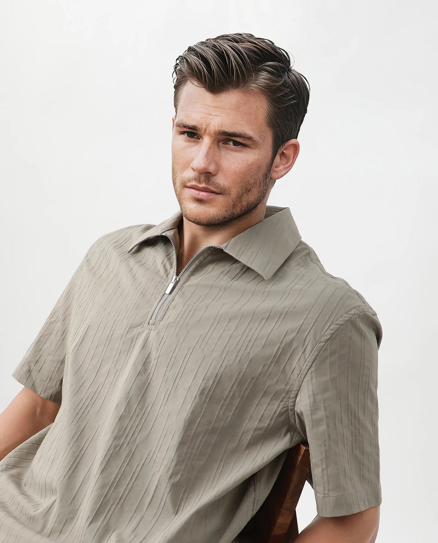 Rare Rabbit Men's Jern Dusky Grey Cotton Striped Print Relaxed Fit Half Sleeve Collared Shirt